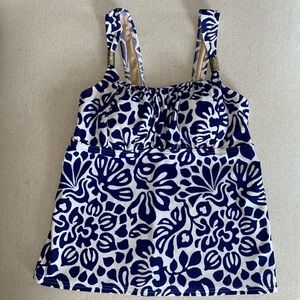 Lands’ End Tummy Control Tankini Swim Top Floral Imperial Navy & White Size 8